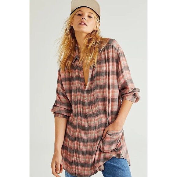NEW FREE PEOPLE FP ONE Sz XS WAVERLY PLAID TUNIC HENLEY TOP ROSEWOOD COMBO - Picture 1 of 3